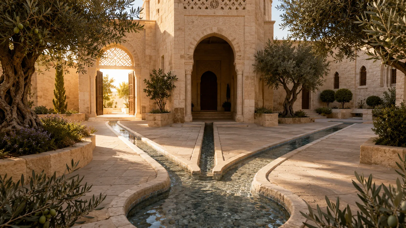 One water source dividing into three precise channels toward distinct entrances in a Palestinian limestone courtyard.