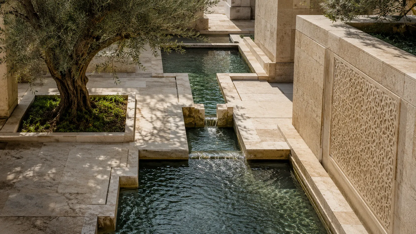 A Palestinian limestone watercourse moving through precisely defined pools, junctions, thresholds, and controlled changes in level.
