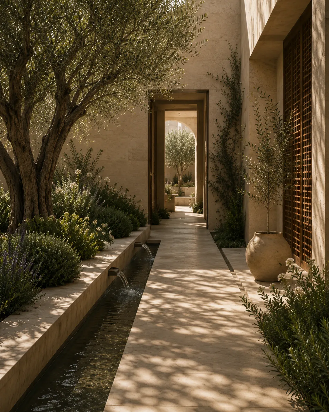 Conceptual olive courtyard with established planting, a young tree, and water flowing through an irrigation channel