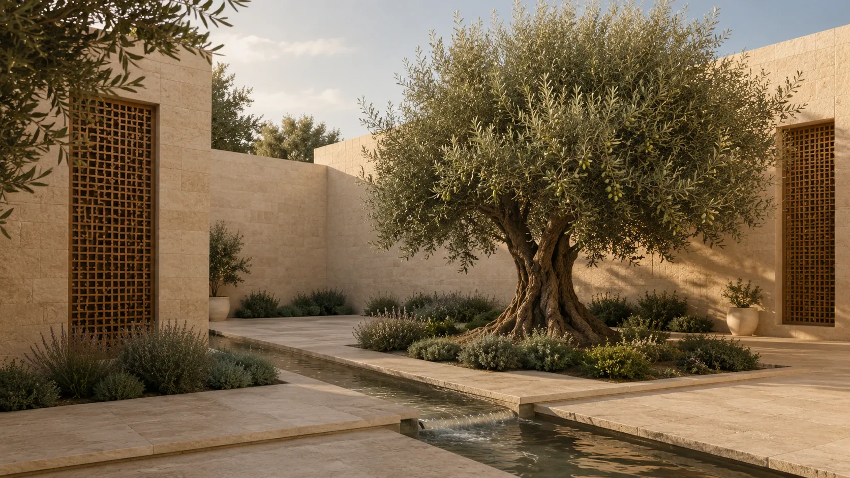 A mature olive tree with visible olives sustained by flowing water and carefully maintained planting in a Palestinian limestone courtyard.