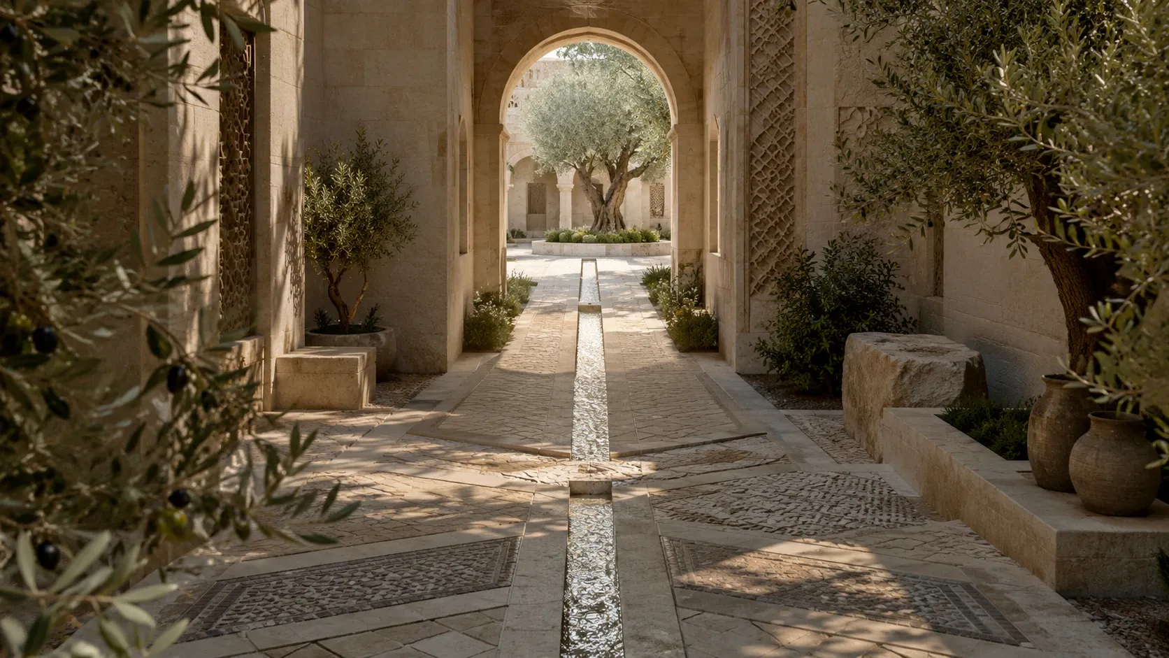 Patterned shadows and intersecting stonework resolving into one clear water-lined path toward an open arch and olive tree.