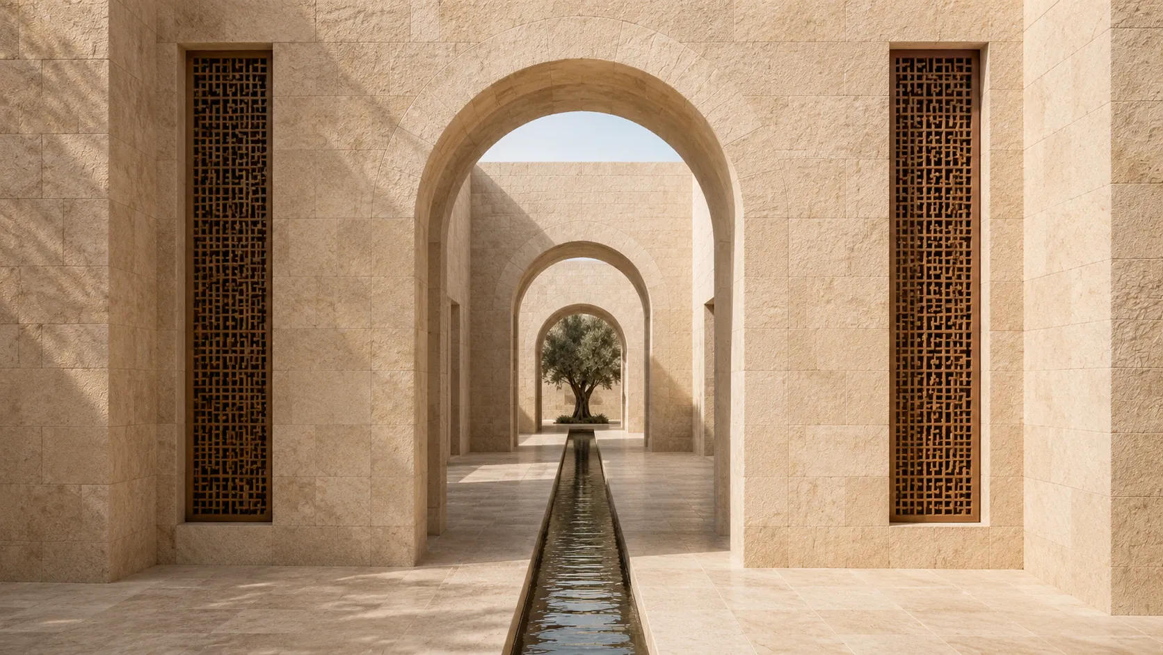 A sequence of aligned Palestinian limestone arches and a straight water channel leading clearly toward an olive tree.