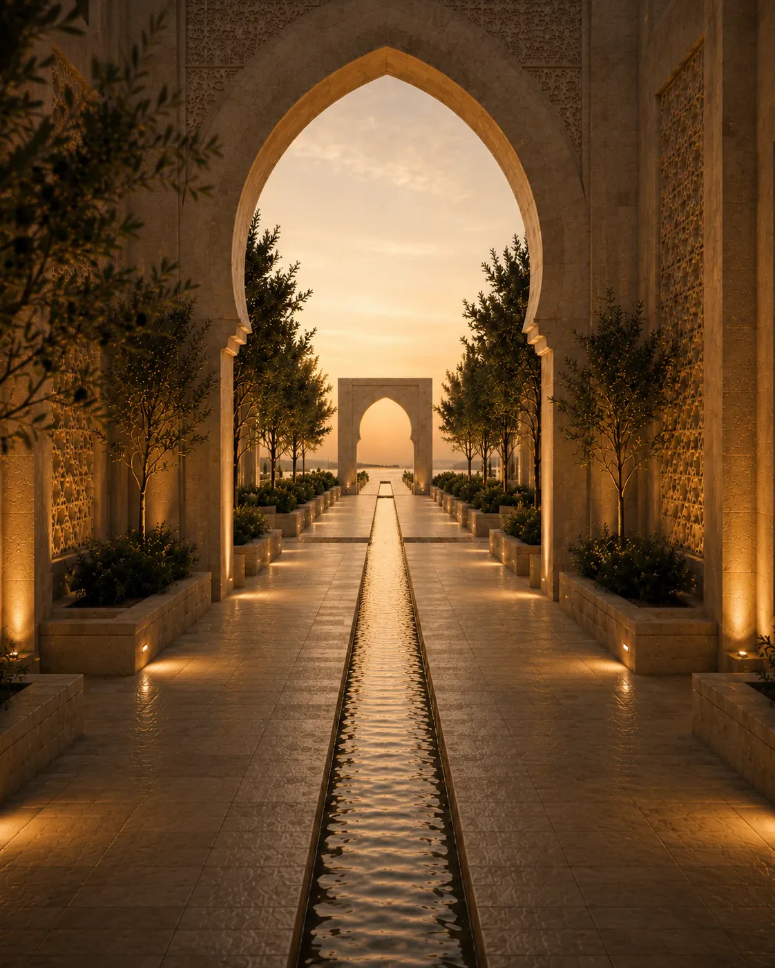 Illustration of a clear path through an olive courtyard, representing how a trustworthy website helps serious businesses guide the right clients toward confident contact.