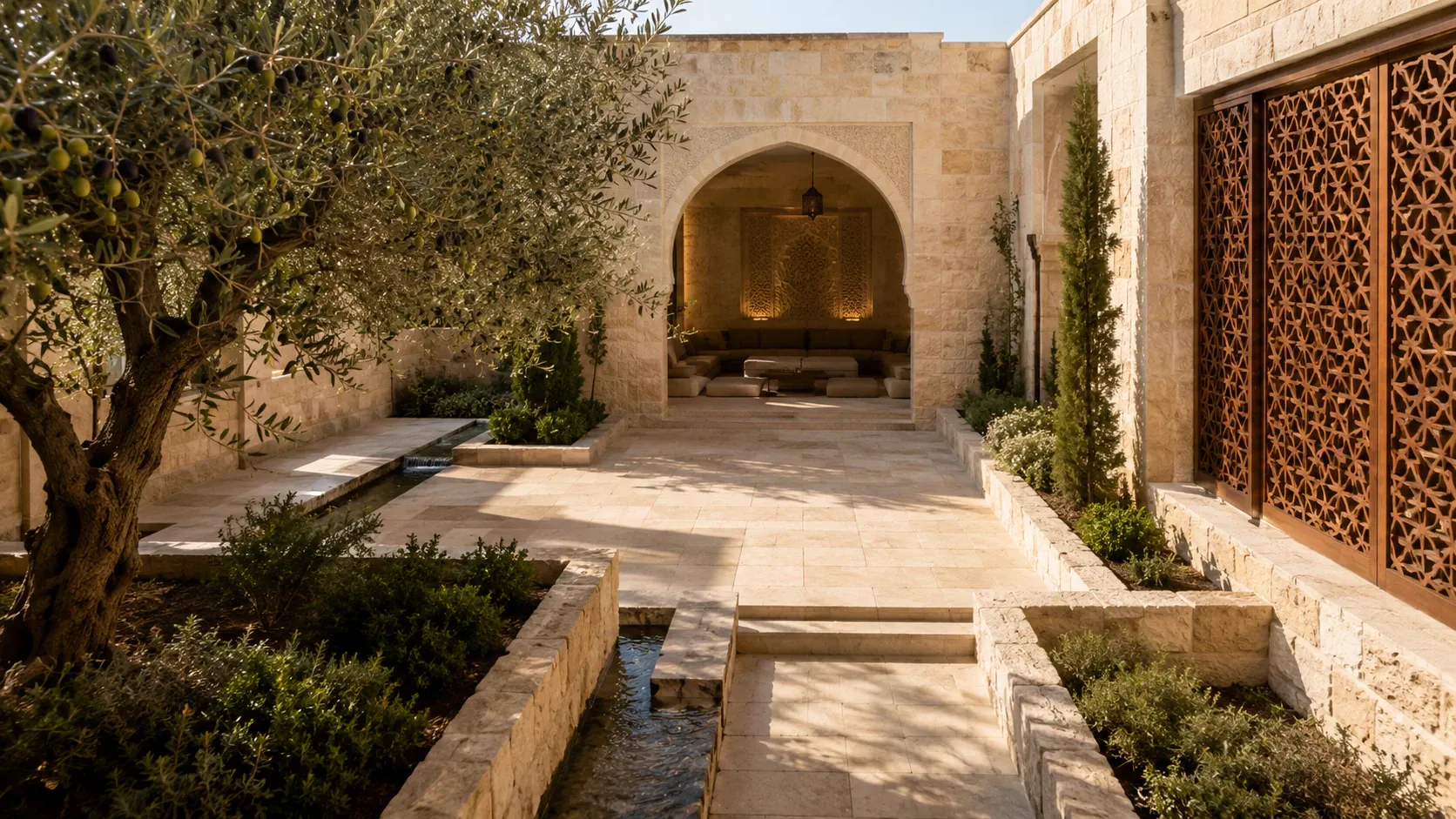 An organized Palestinian limestone courtyard with a defined entrance, central space, shaded room, water channel, planting beds, and geometric wooden screens.