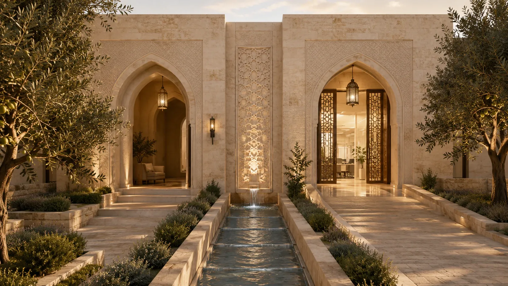 Two distinct entrances in one Palestinian limestone building, one leading to a sheltered consultation space and the other to a bright working environment.