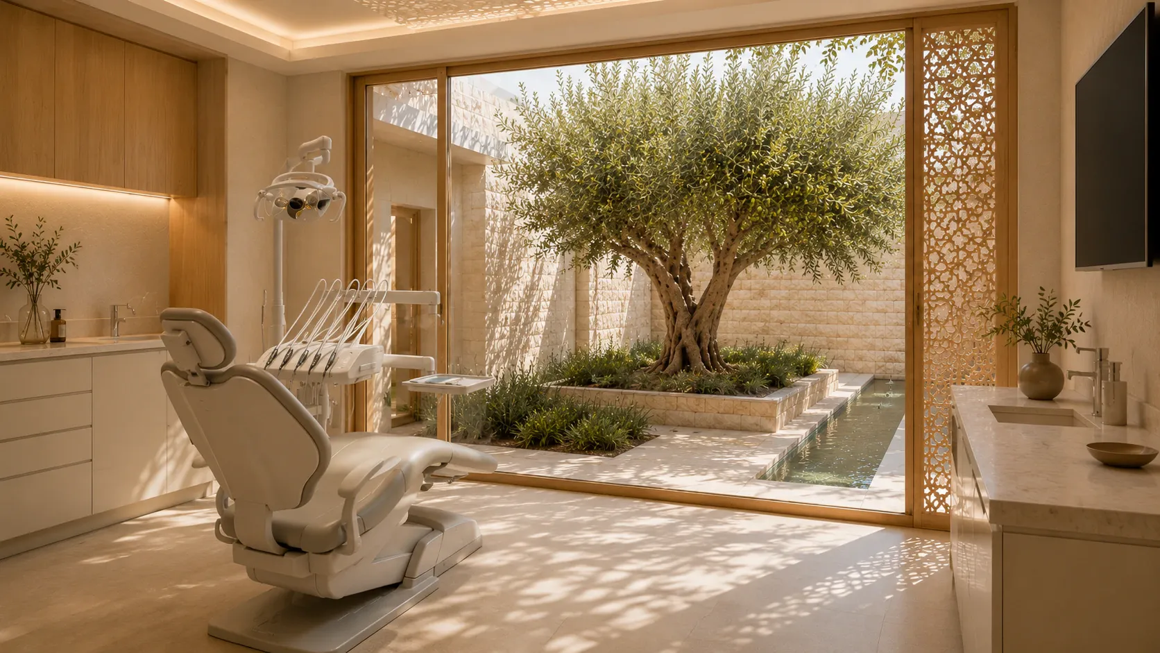 Dental treatment room opening onto a private courtyard with an olive tree and water channel.