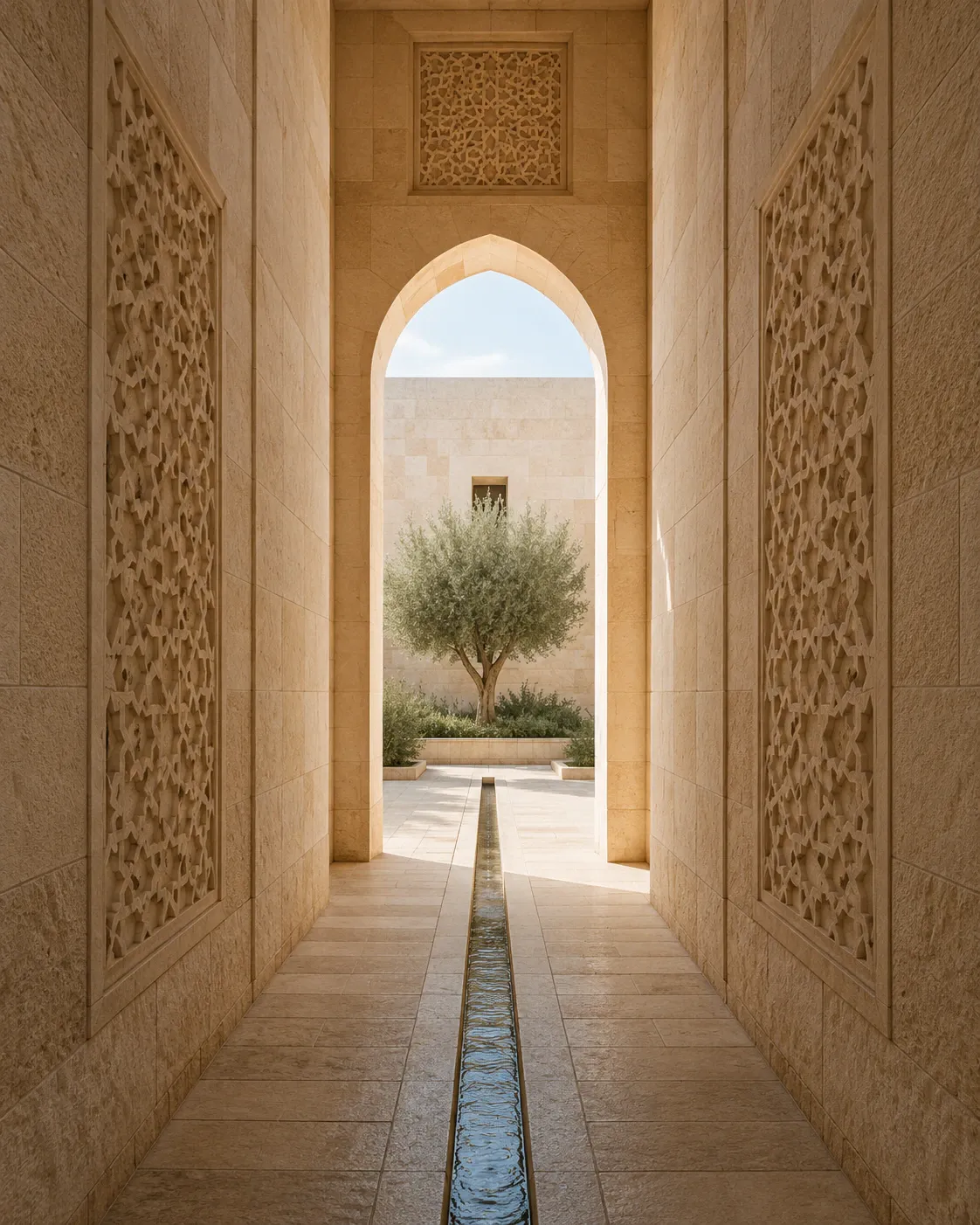 A narrow Palestinian limestone passage retaining generous spacing, clear hierarchy, precise geometric details, and an uninterrupted water channel.