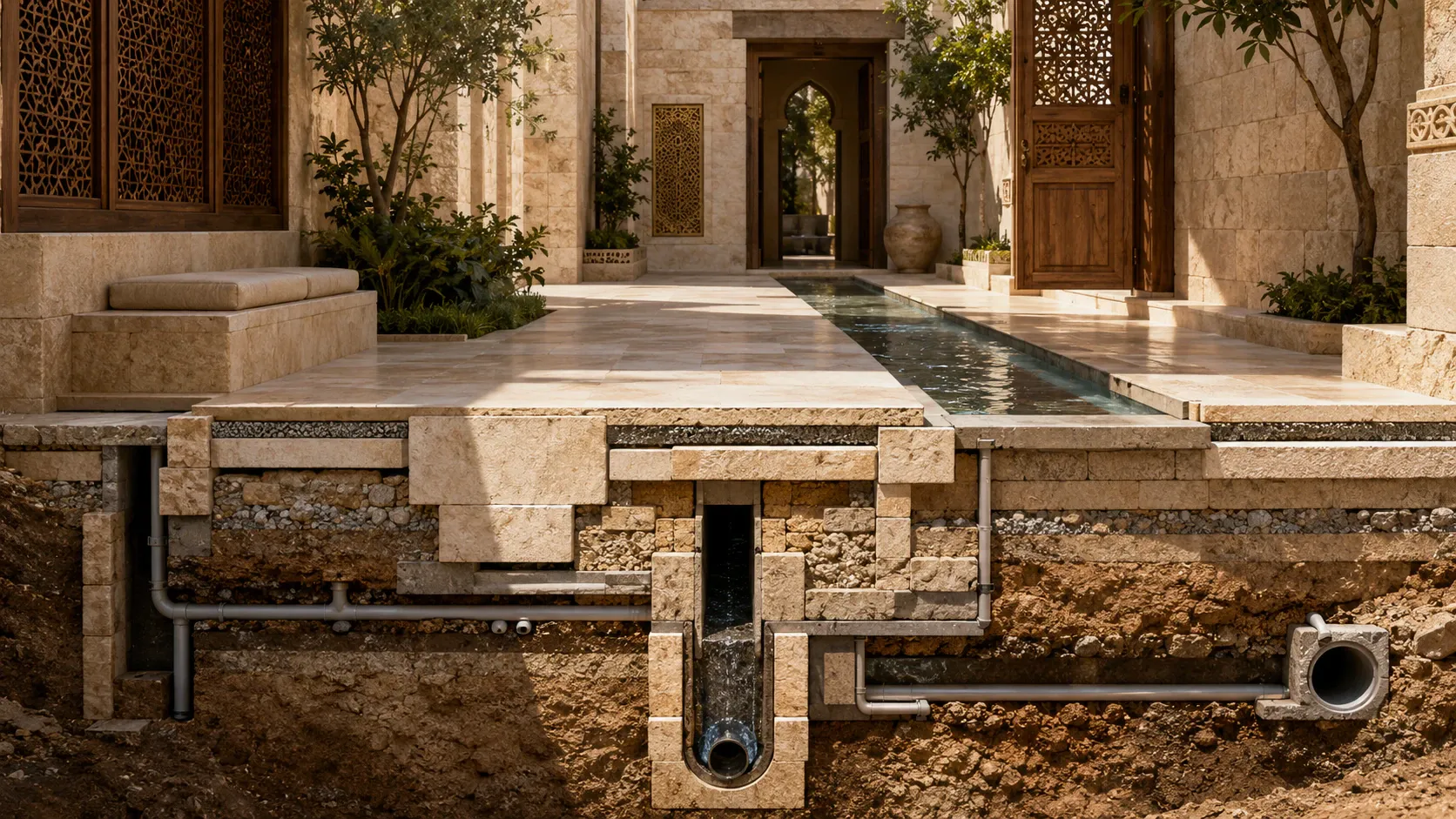 A finished Palestinian limestone courtyard shown above a cutaway of its foundations, drainage, water channels, and structural connections.