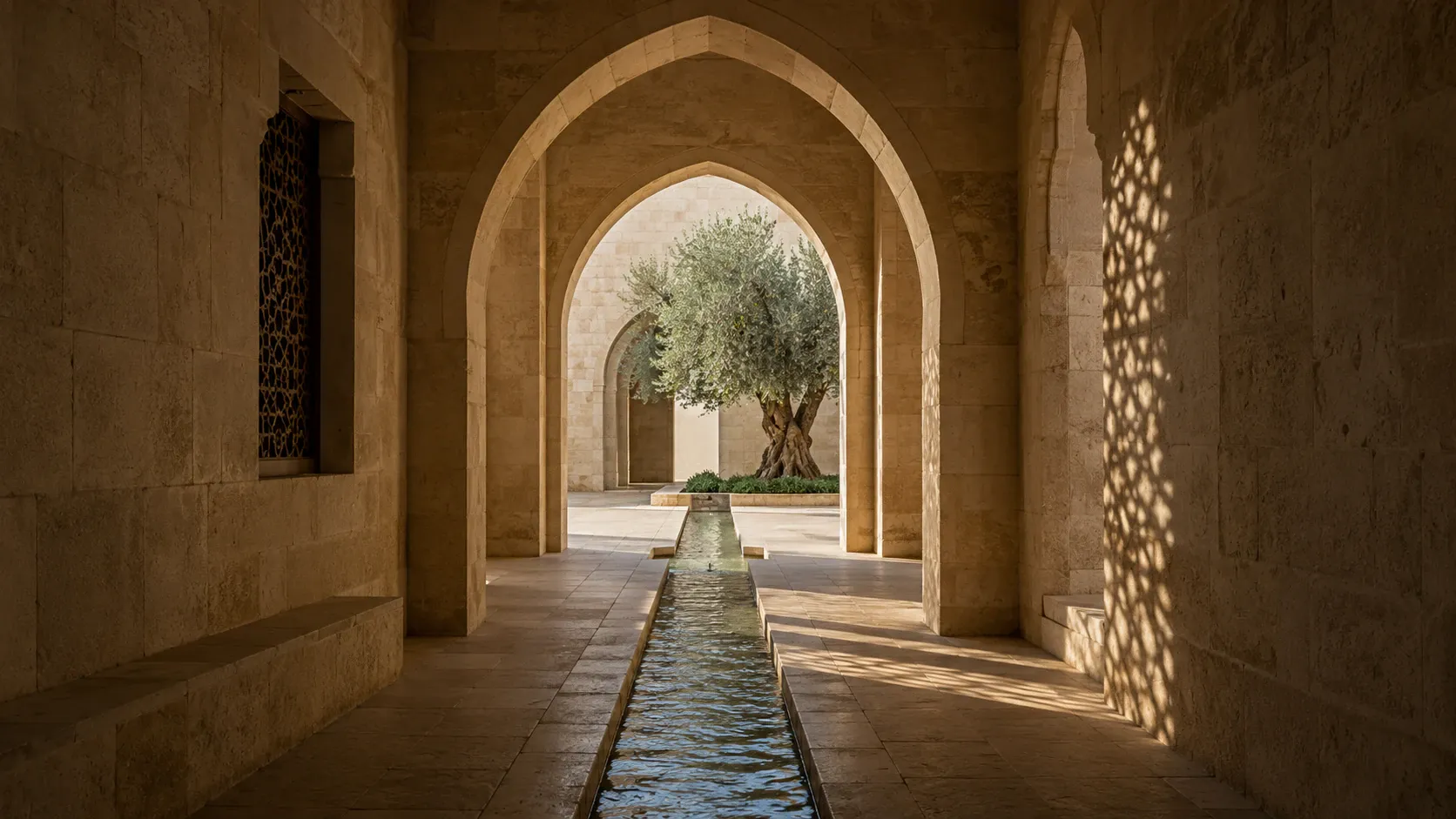 A water channel leading from a shadowed Palestinian limestone passage through aligned arches toward a sunlit courtyard and olive tree.