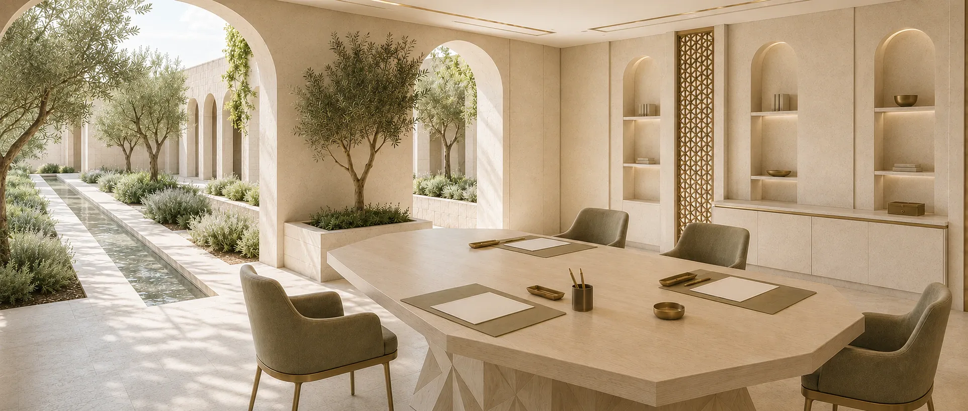 A spacious consultation room opening onto a planted courtyard, arranged for collaborative work.