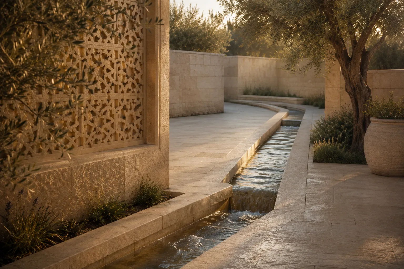 Precisely formed Jerusalem-stone water channel continuing through an olive courtyard