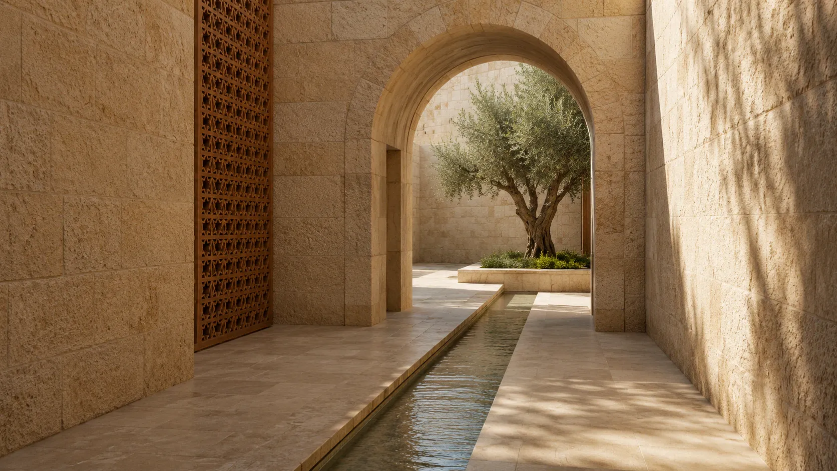 A restrained Palestinian limestone passage where a clear arch, geometric wooden screen, water channel, and olive tree create a calm open path.