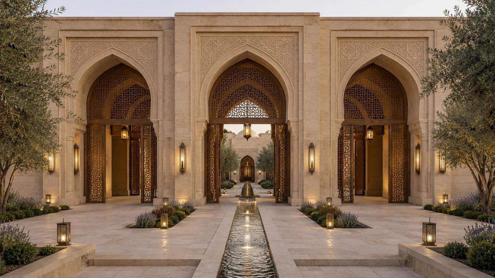 Three equally dignified Islamic entrances in Palestinian limestone leading into one carefully maintained courtyard connected by water.