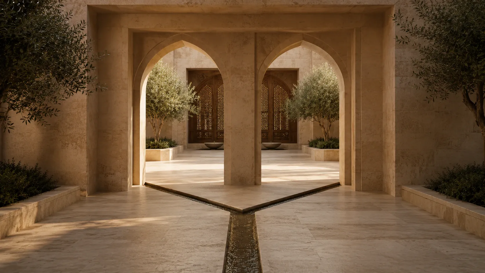 Two equally prominent limestone passages receiving balanced light and leading toward protected courtyards behind wooden screens.