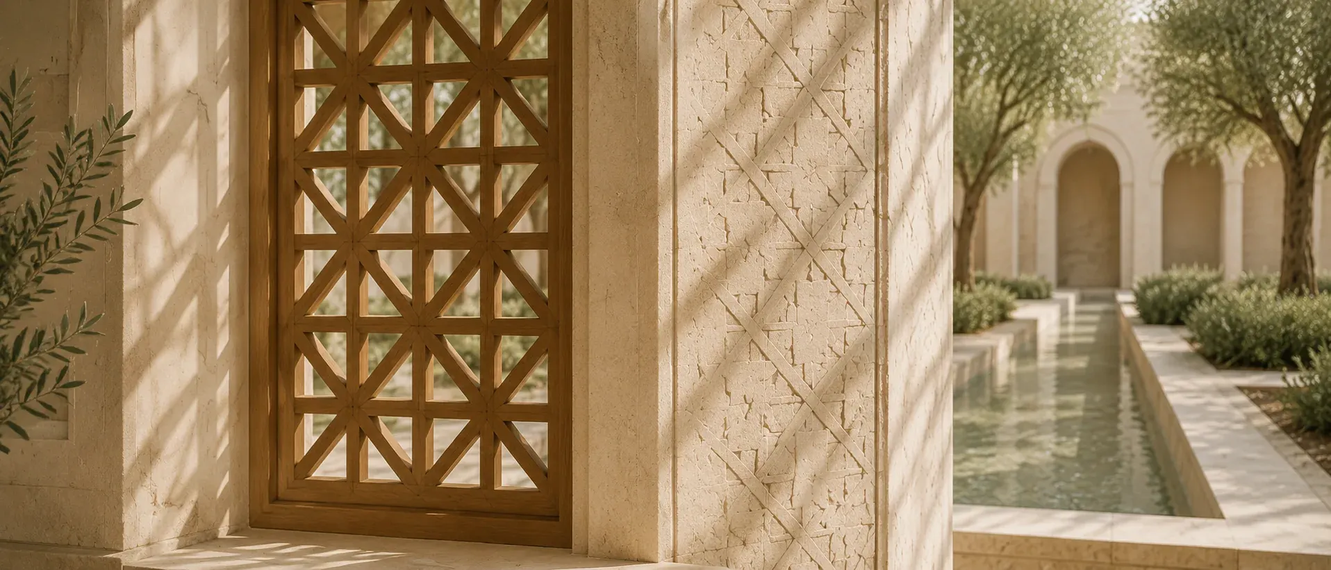 Precisely joined wood and carved limestone framing a water channel that continues into an olive courtyard.