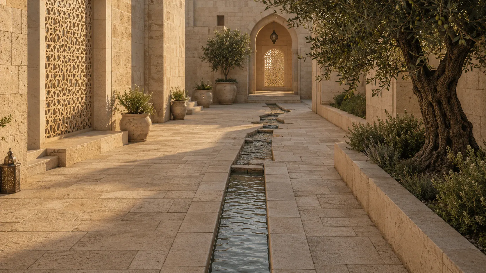 A narrow water channel in a Palestinian limestone courtyard becoming progressively misaligned and fragmented along its route.