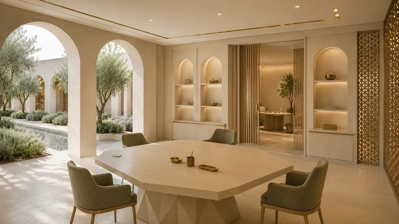 A calm consultation room arranged around one shared table, with a protected inner room beyond.