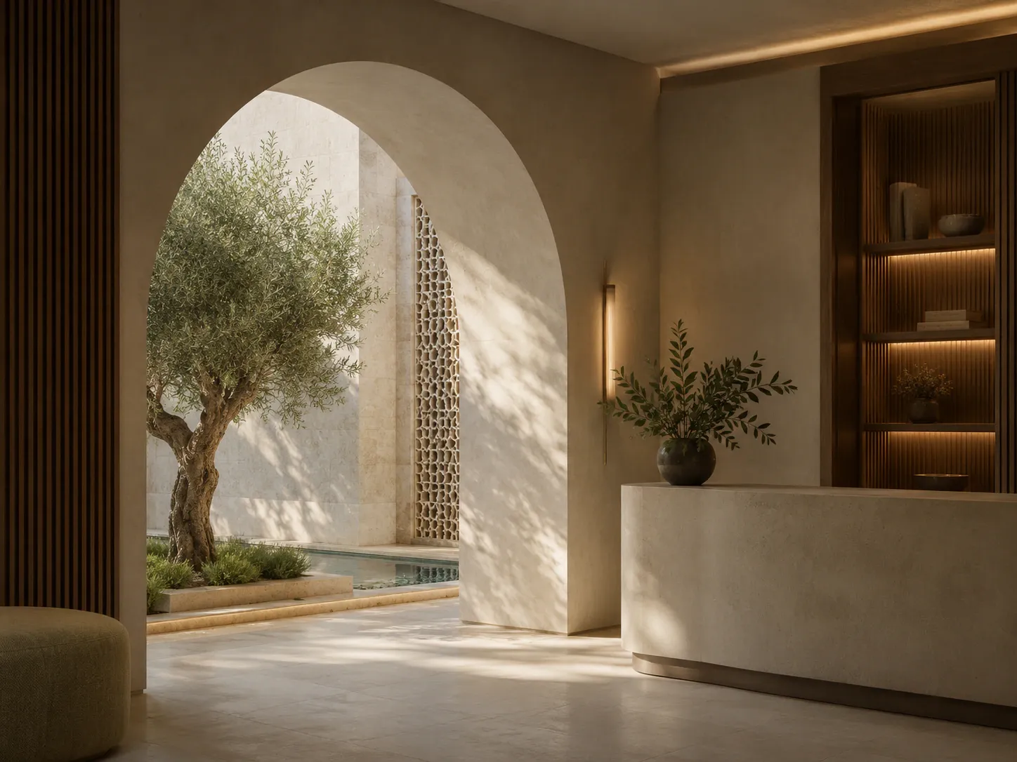 Conceptual reception space opening through a stone arch toward an olive courtyard
