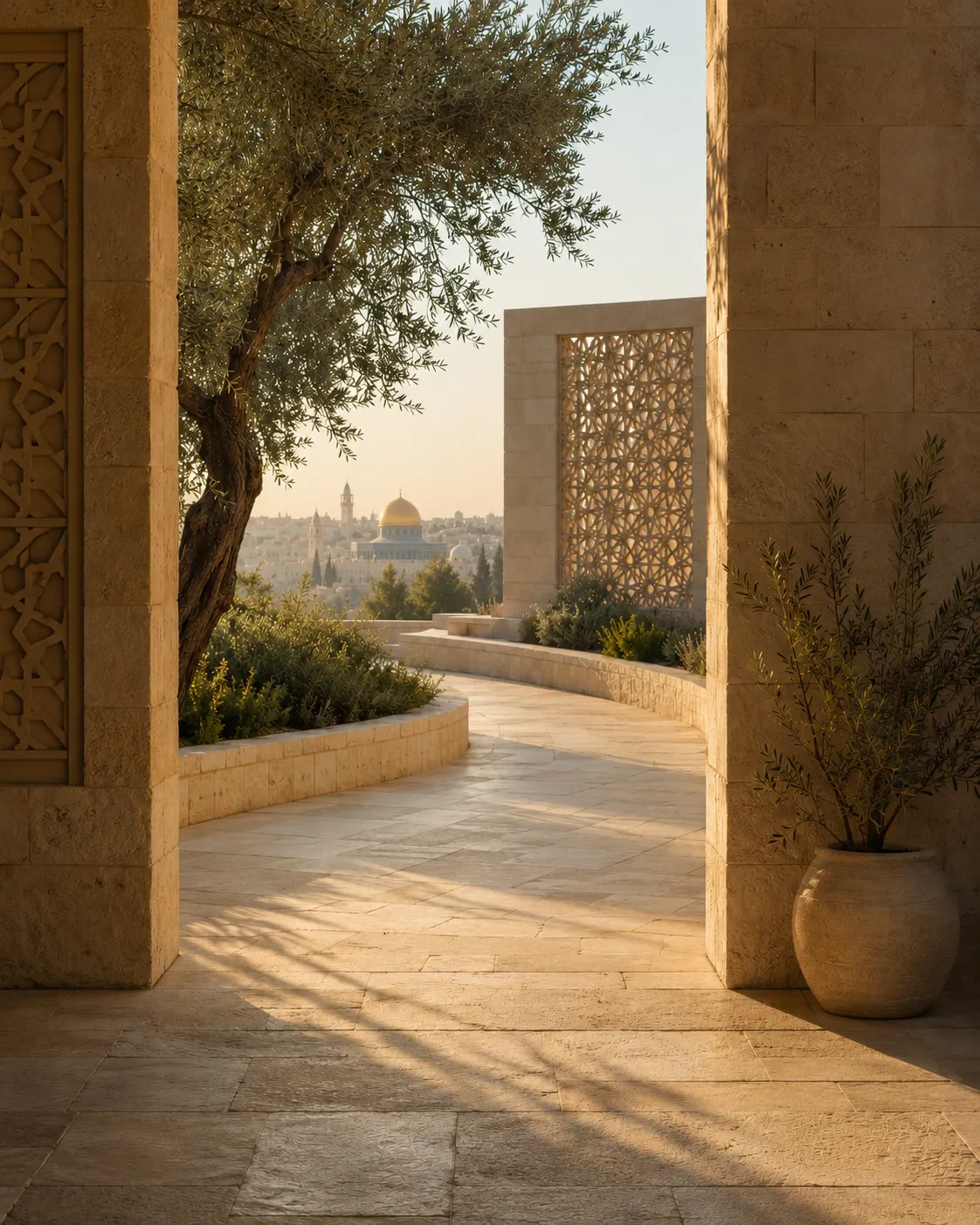 Illustration of a Jerusalem-stone threshold opening toward Al-Aqsa, representing honest language that distinguishes facts, intentions, and future-dependent outcomes.