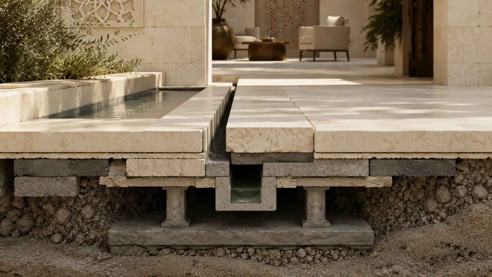 A refined limestone courtyard shown in cross-section, revealing the concealed supports and water channel beneath its finished surface.