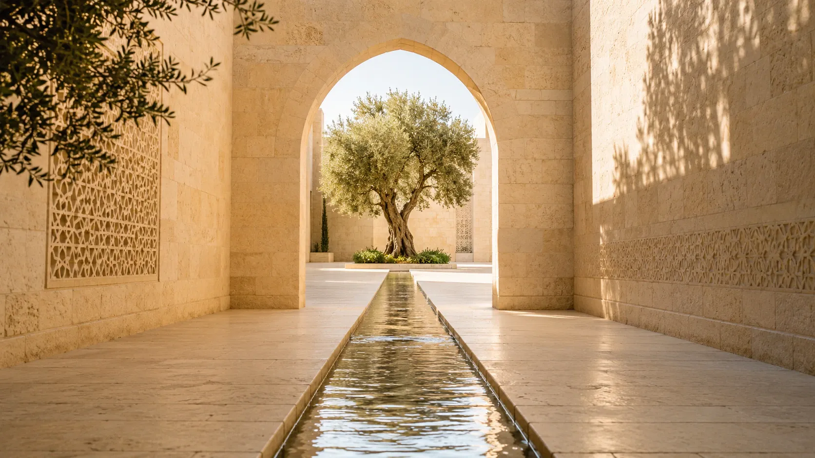 An uninterrupted water channel leading through an open Palestinian limestone arch toward a sunlit courtyard and olive tree.