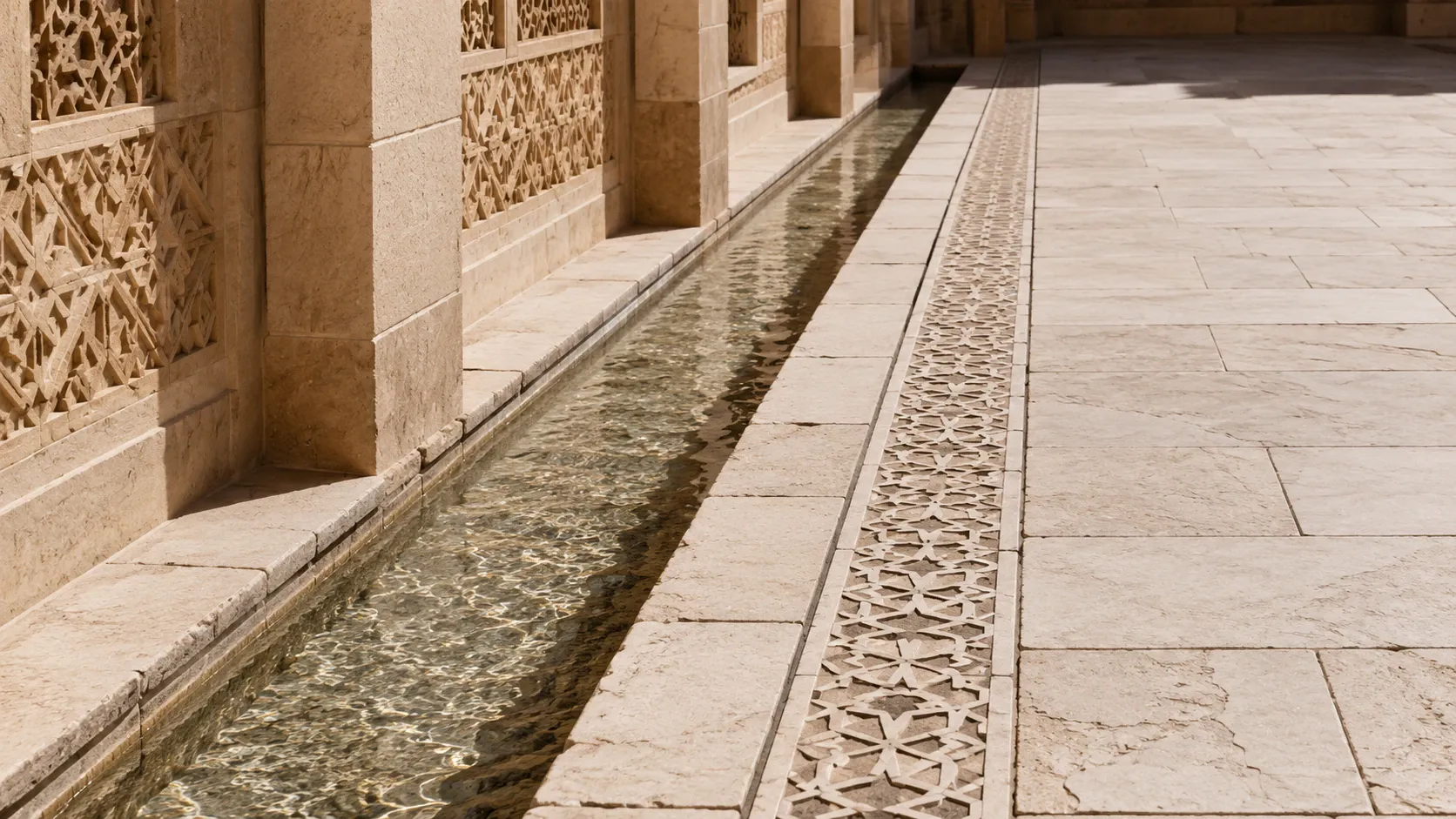 A precisely aligned water channel, limestone joints, and carved geometric stone band continuing together through a Palestinian courtyard.