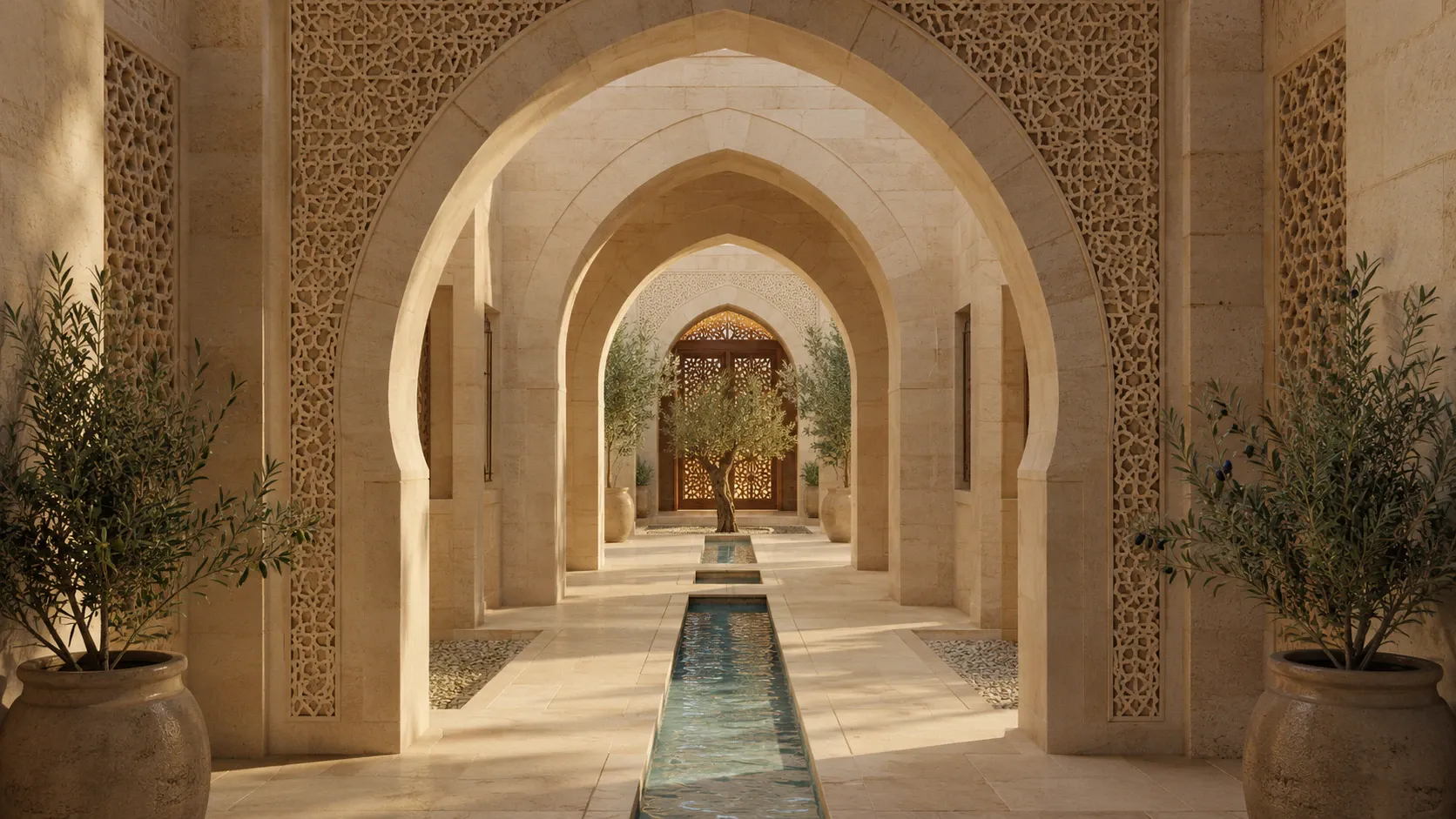 A layered view through several aligned Palestinian limestone arches, connected by a water channel and revealing finer stonework and wooden detailing at greater depth.