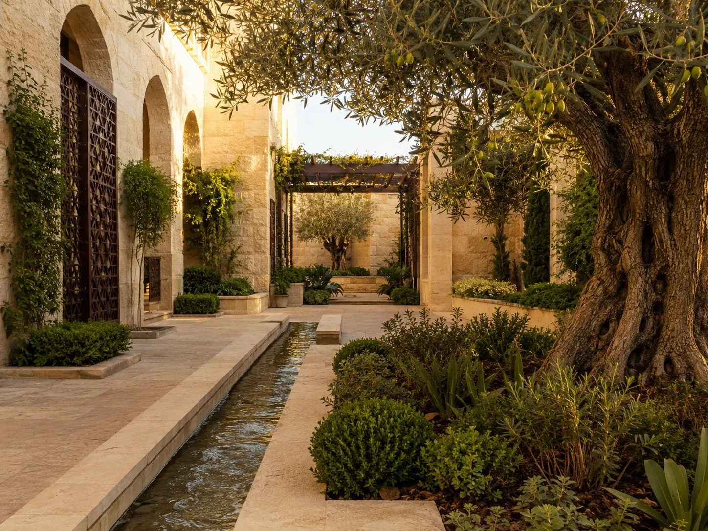 A flourishing olive tree, cultivated plants, clean stonework, and flowing water in a carefully maintained Palestinian courtyard.
