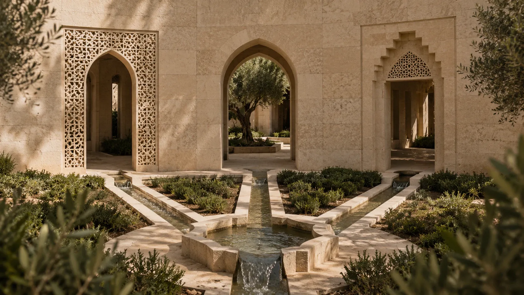 A central stone basin connected by water channels to three distinct arches built from the same limestone and geometric design language.