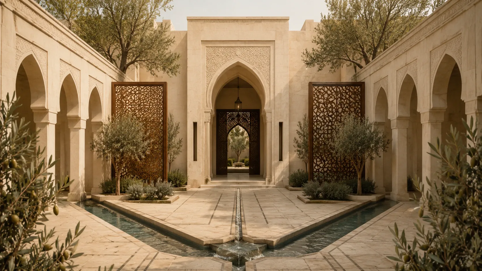 A balanced Palestinian Islamic courtyard where two water channels approach a shared centre naturally from opposite directions.
