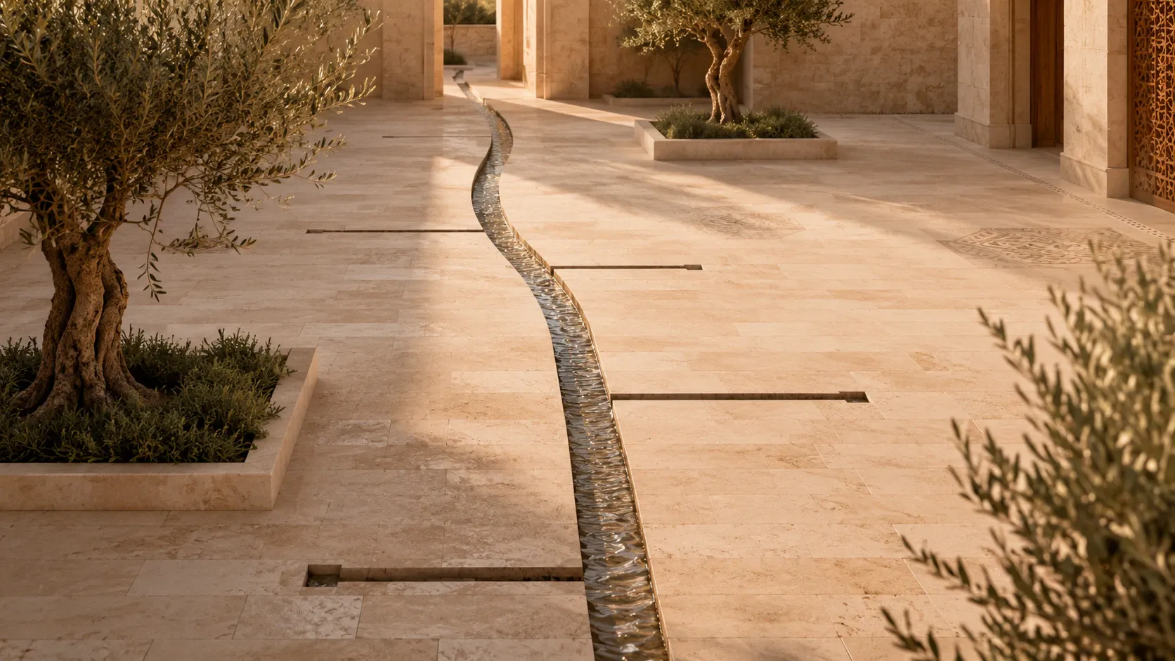 One active water channel crossing a Palestinian limestone courtyard while several unnecessary branches terminate cleanly in the stone.