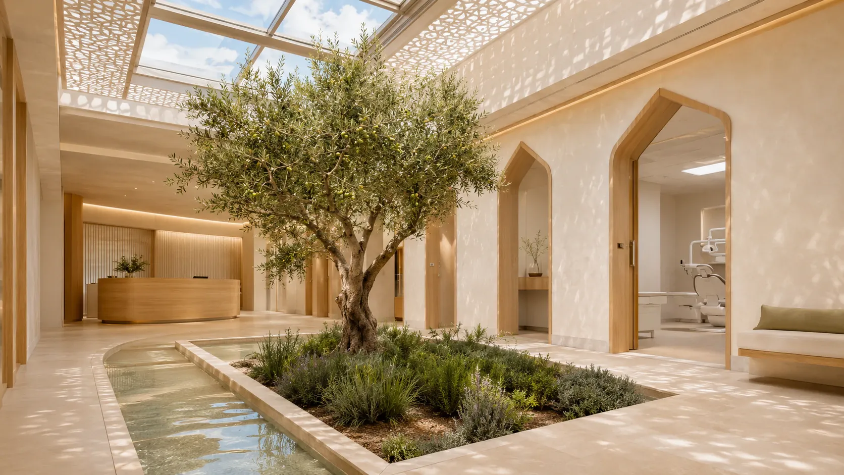 Olive tree in a sunlit dental-practice courtyard with reception and treatment rooms visible.