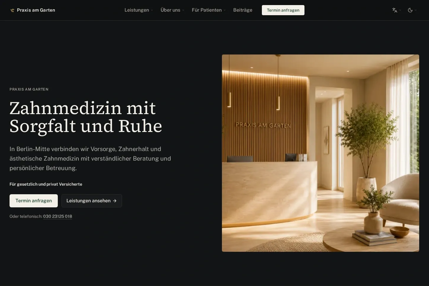 Screenshot der fiktiven Zahnarztpraxis Praxis am Garten
