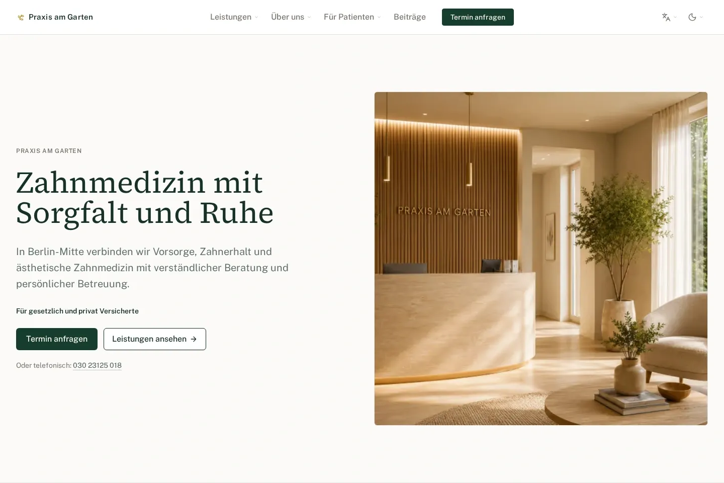 Screenshot der fiktiven Zahnarztpraxis Praxis am Garten