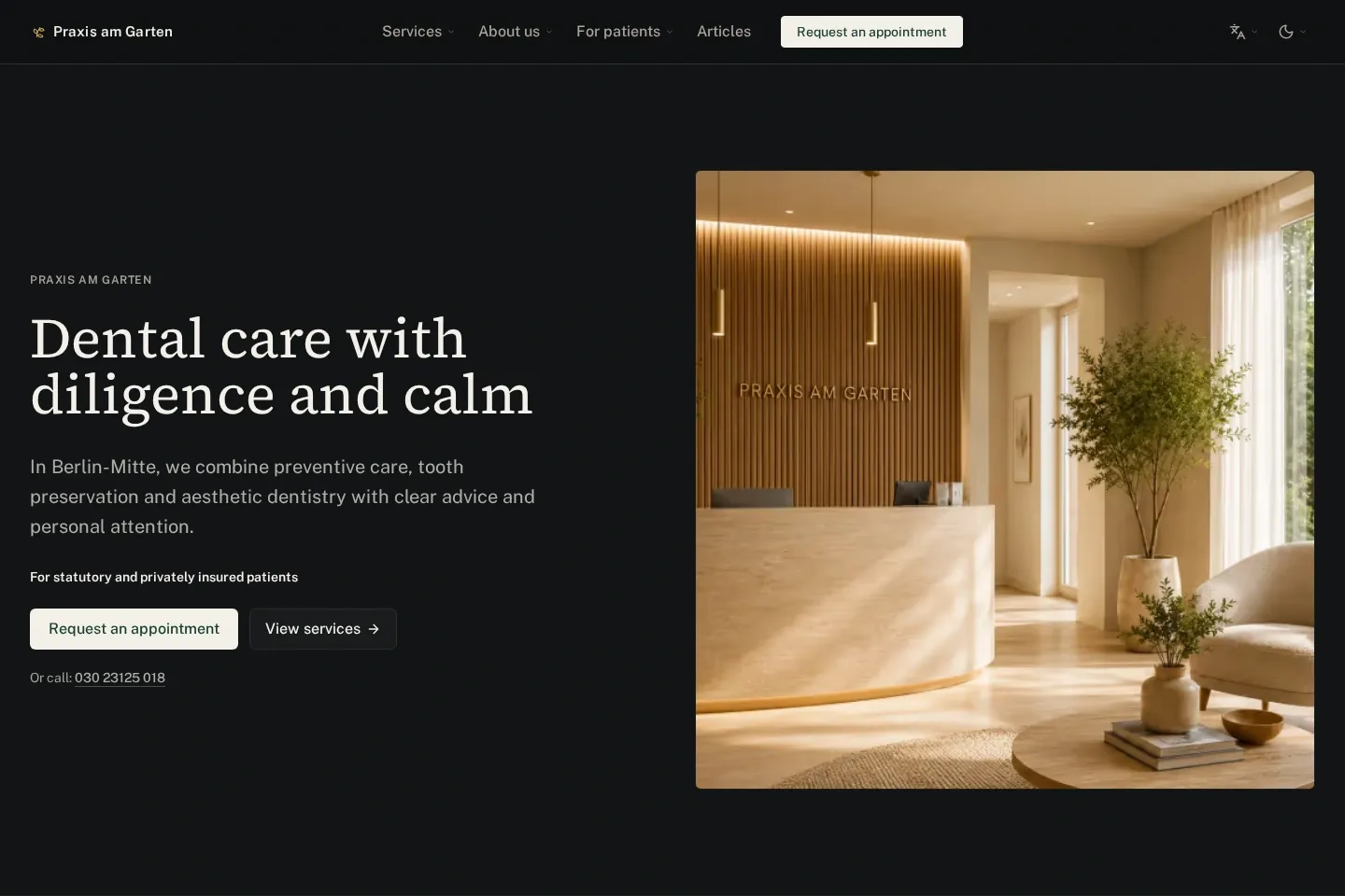 Screenshot of the fictional dental practice Praxis am Garten