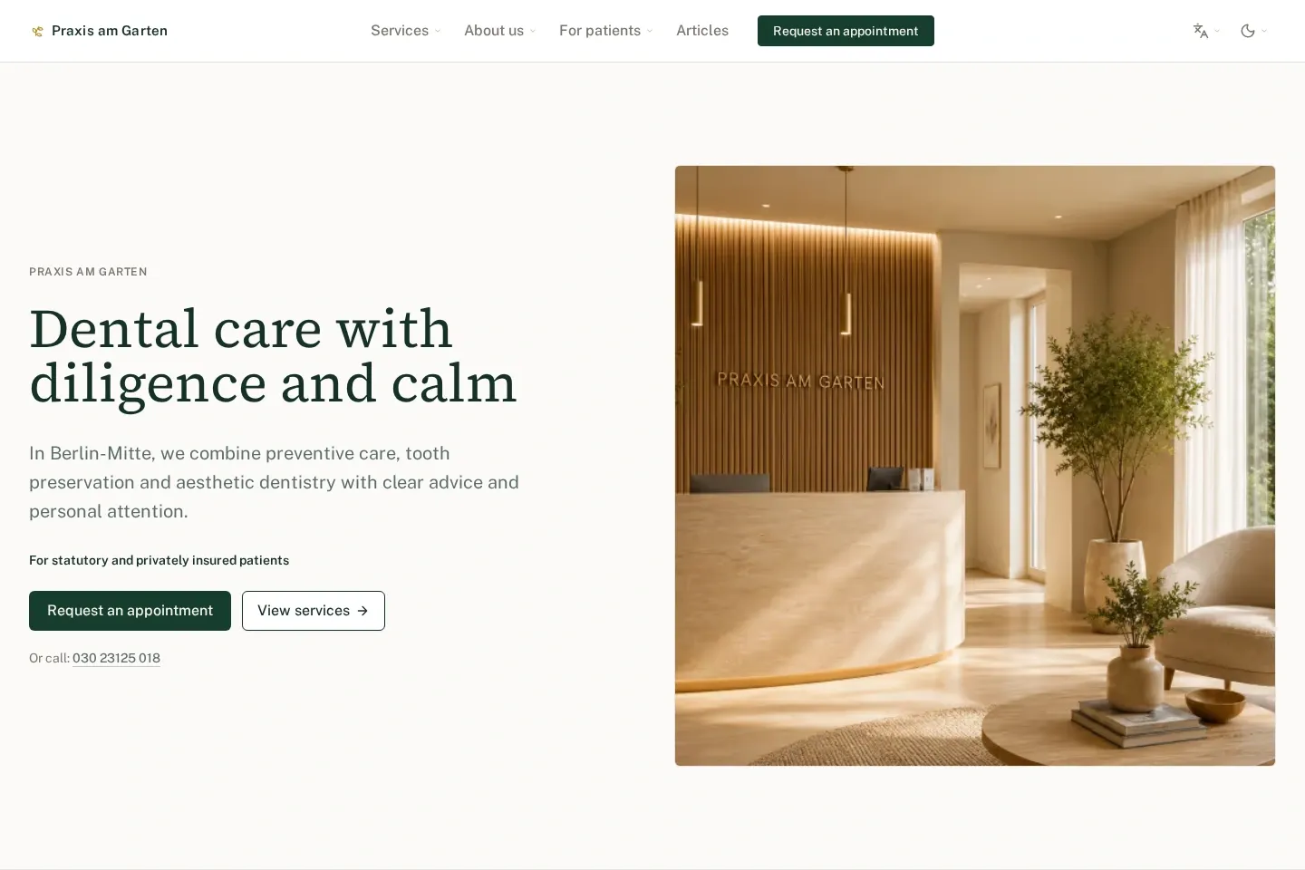Screenshot of the fictional dental practice Praxis am Garten