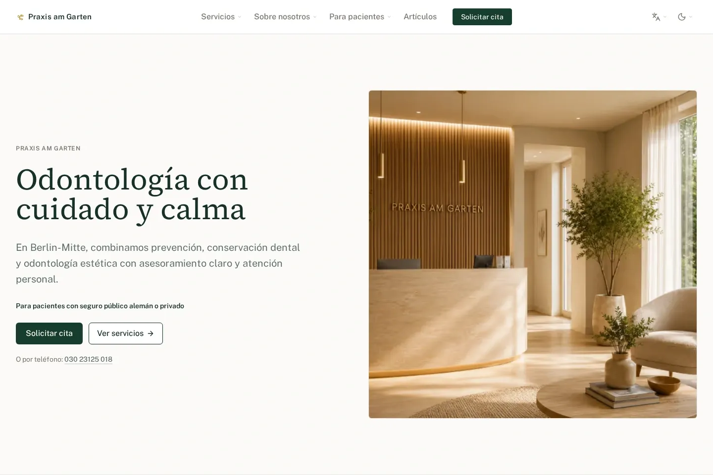Captura de la clínica dental ficticia Praxis am Garten
