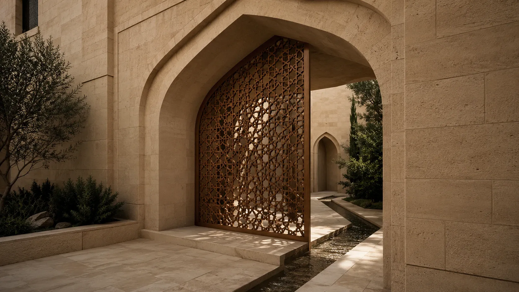 An integrated olive-wood screen, recessed limestone arch, and water channel protecting a partially visible Palestinian courtyard.