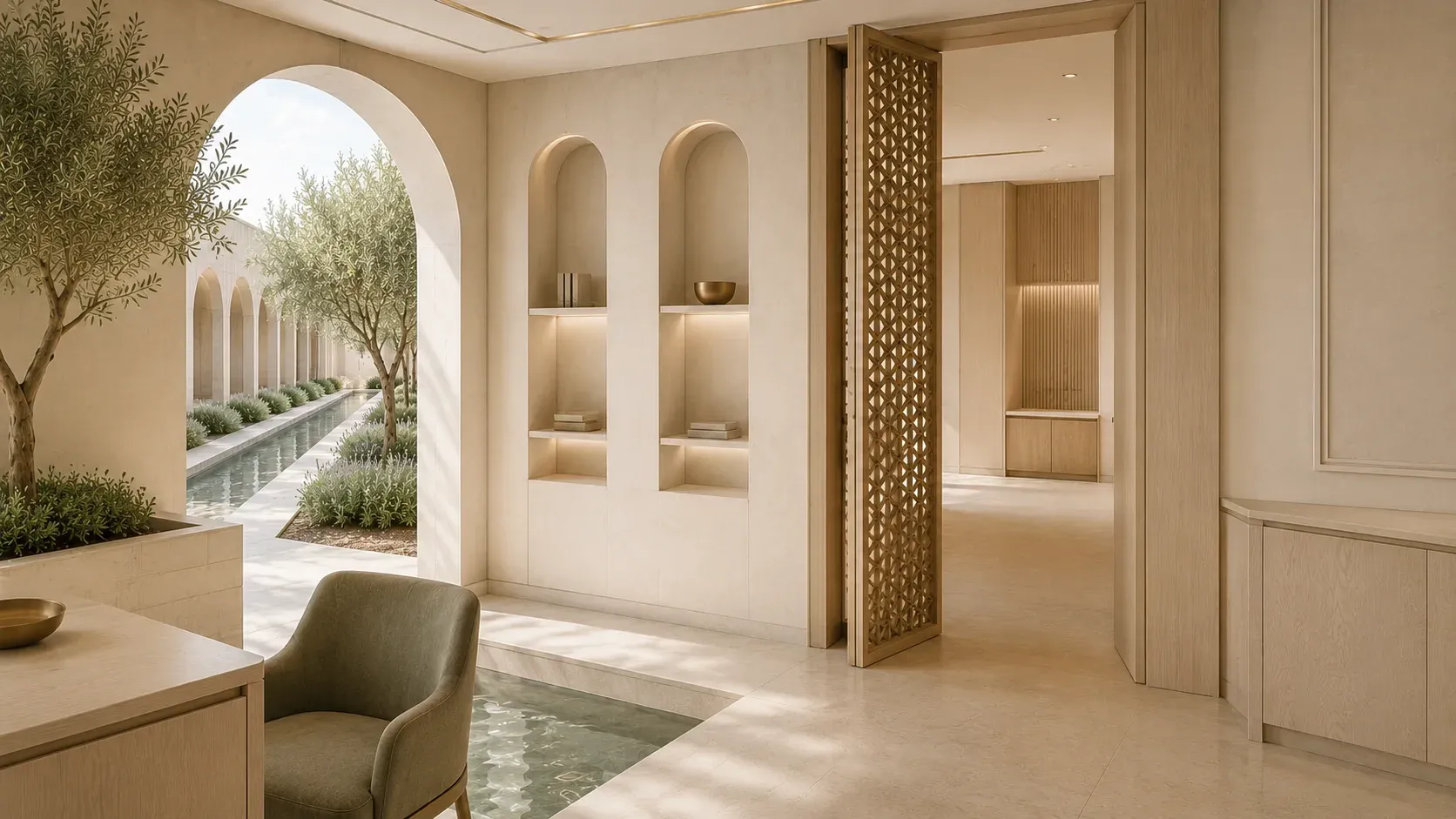 A patterned wooden threshold separates an open consultation area from a quieter private room beyond.