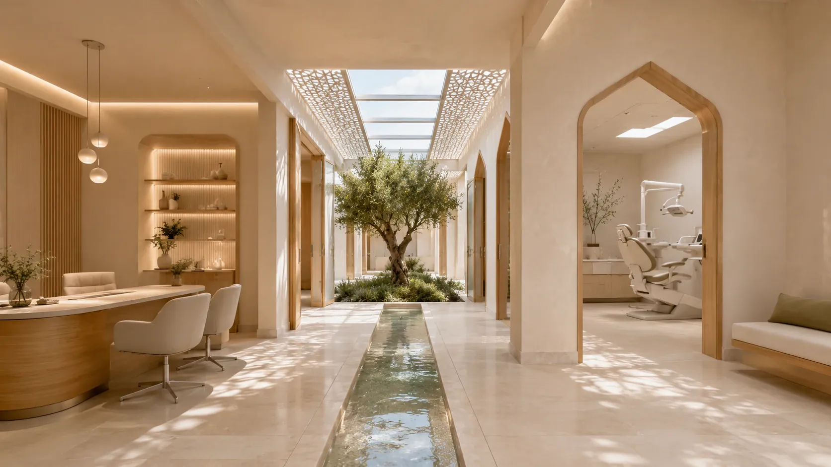 Central passage connecting consultation, treatment and waiting areas around an olive courtyard.