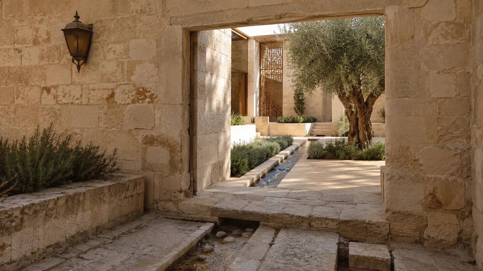 A worn Palestinian limestone entrance opening onto a refined courtyard with precise stonework, flowing water, and an olive tree.