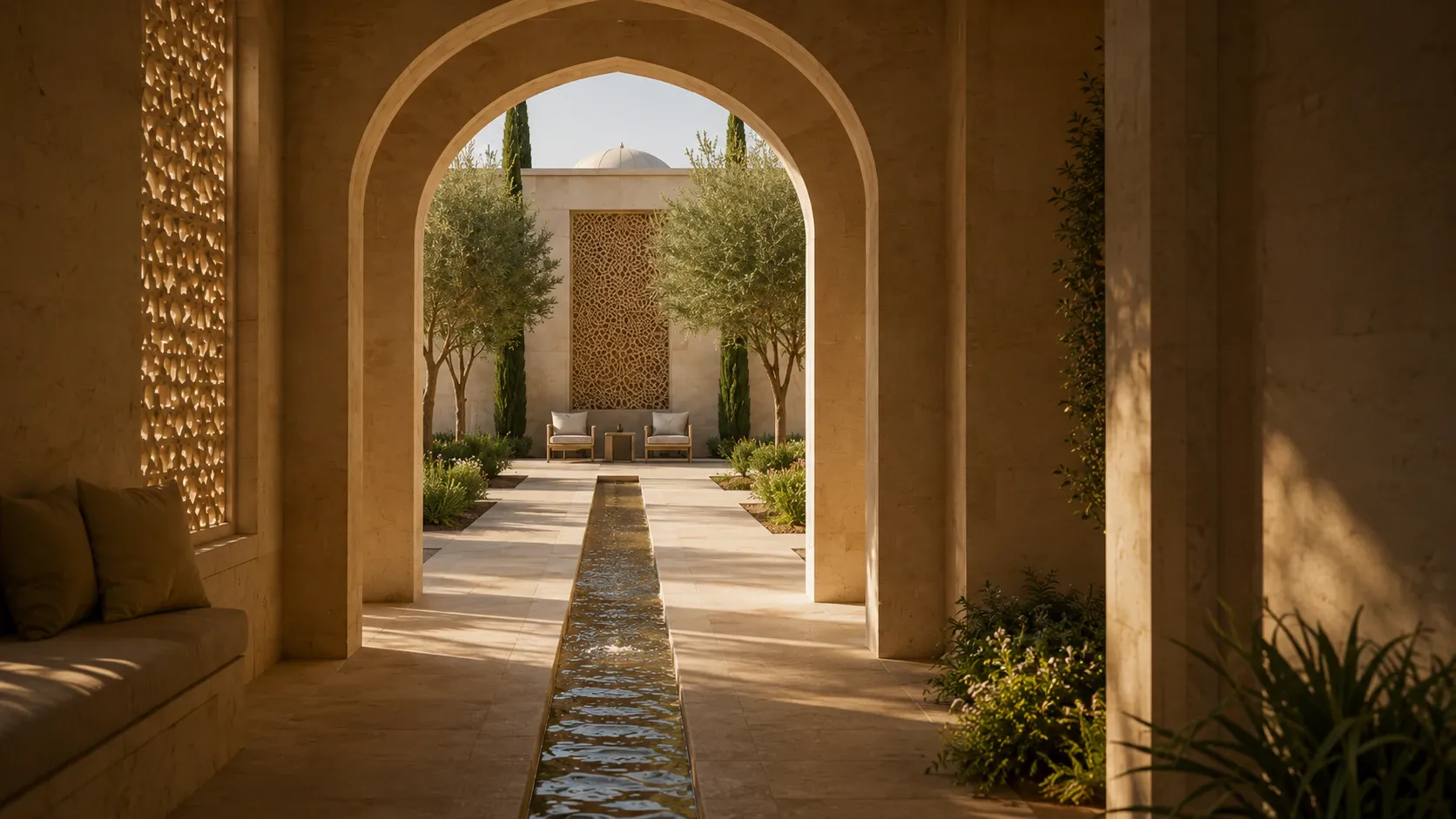 An uninterrupted water channel running through warm limestone arches toward a welcoming courtyard and consultation space.