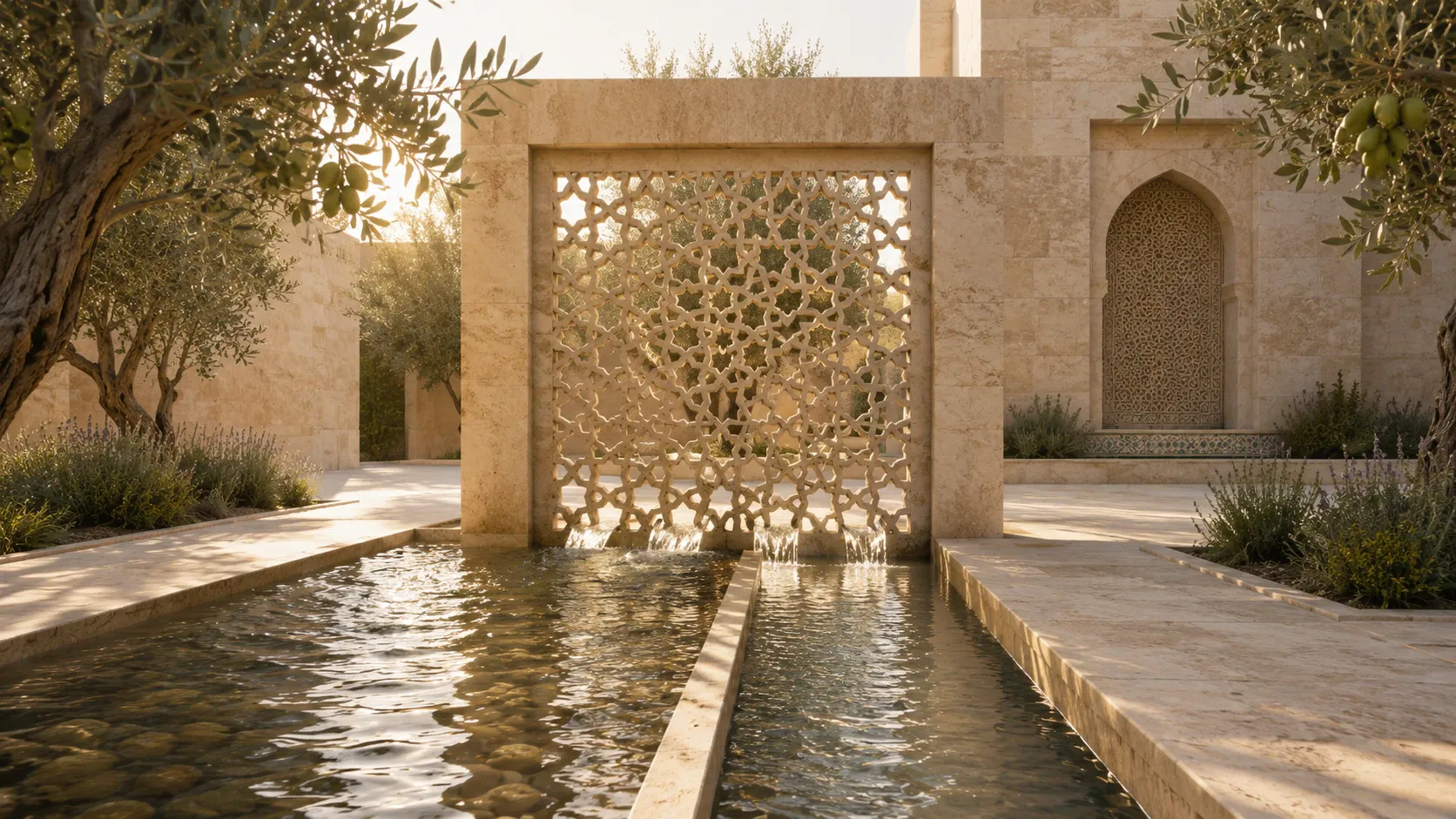 Water passing gently through an integrated geometric limestone screen and continuing as a calmer, more ordered flow.