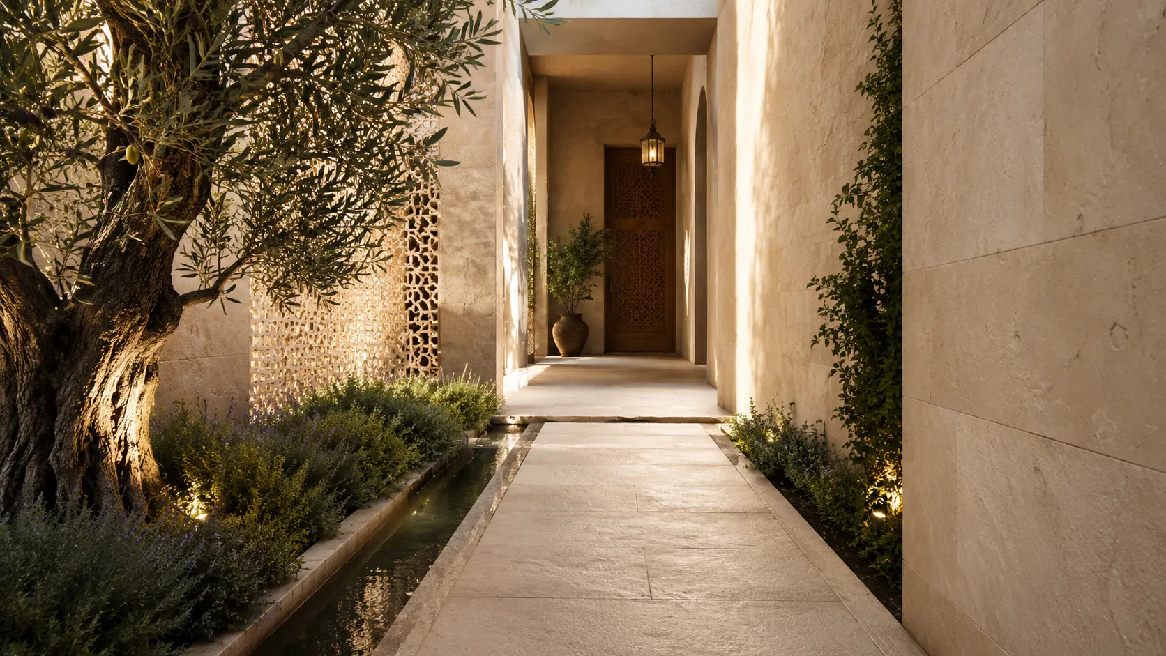 A calm Palestinian limestone threshold with a clear central path, aligned water channels, an olive tree, and precise wooden detailing.