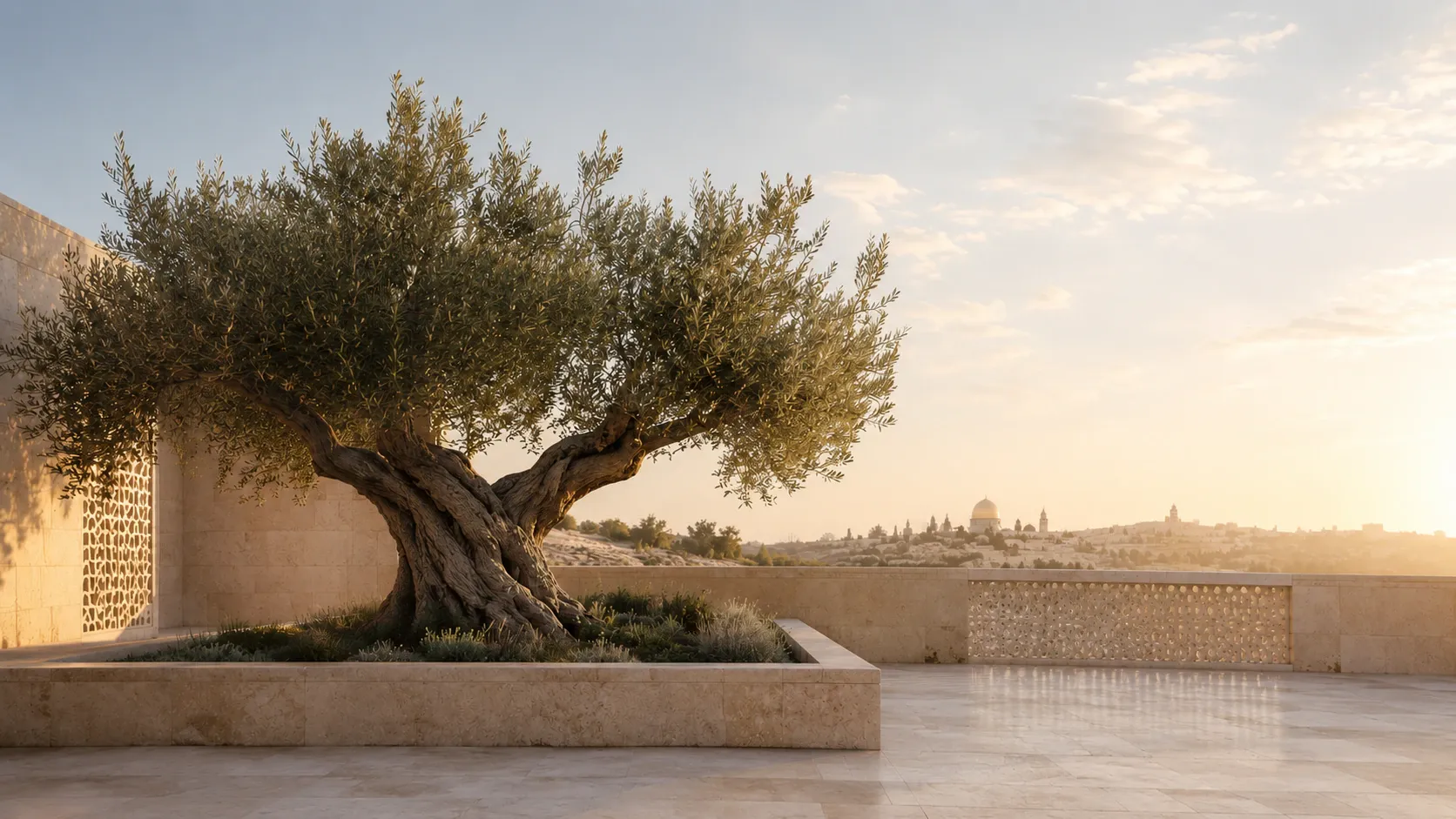 Mature olive tree rooted in a stone terrace overlooking the Dome of the Rock in the Al-Aqsa sanctuary at morning light