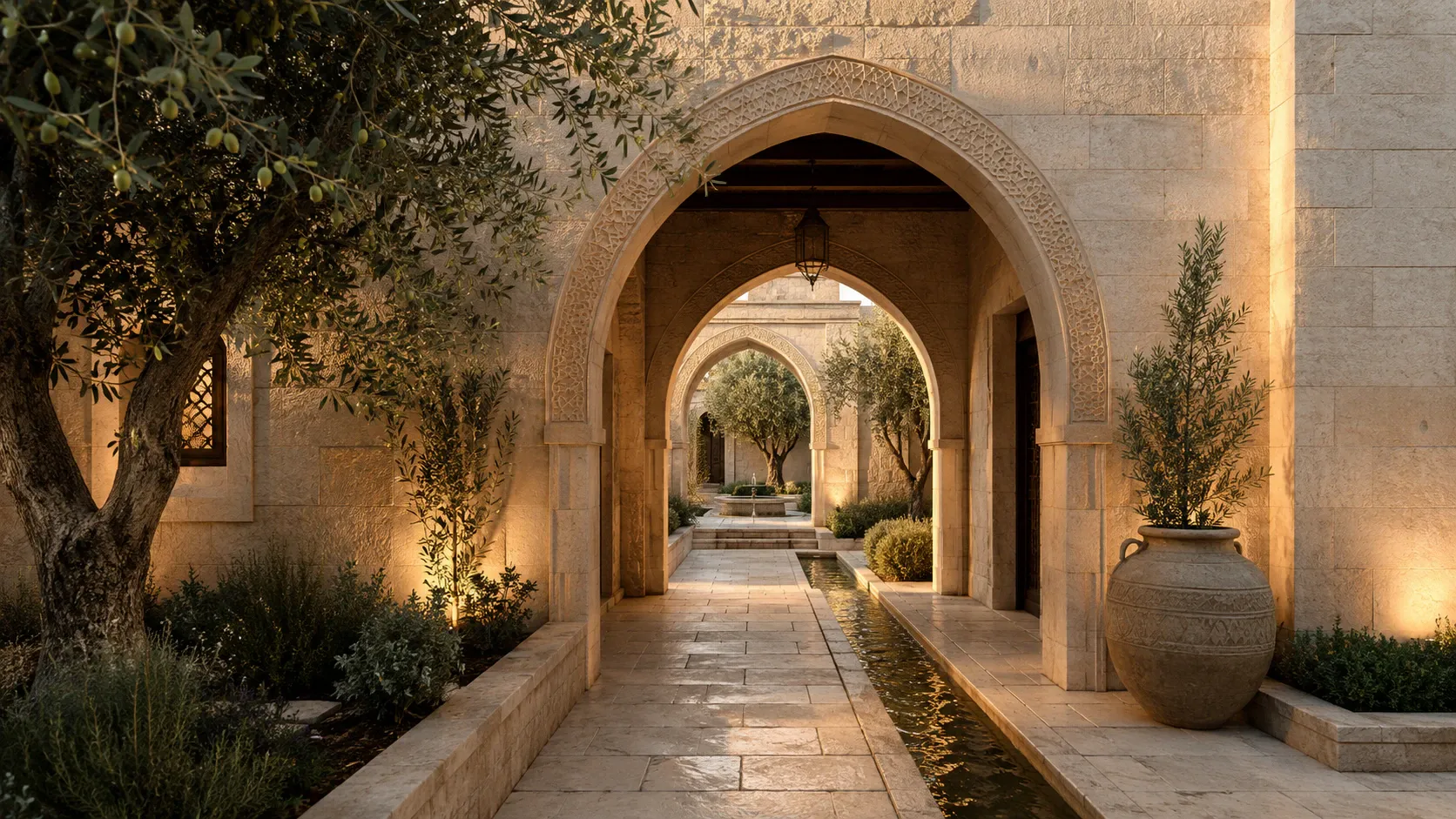 A continuous limestone path and water channel passing through a sequence of connected arches toward an inner courtyard.