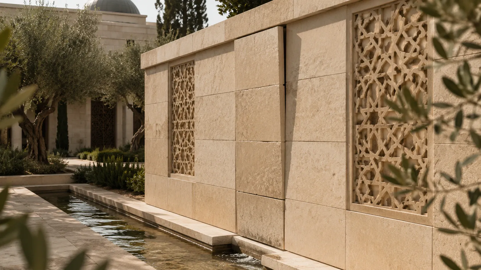 A precisely aligned Jerusalem-limestone wall where one stone panel has shifted slightly out of place beside a calm water channel.