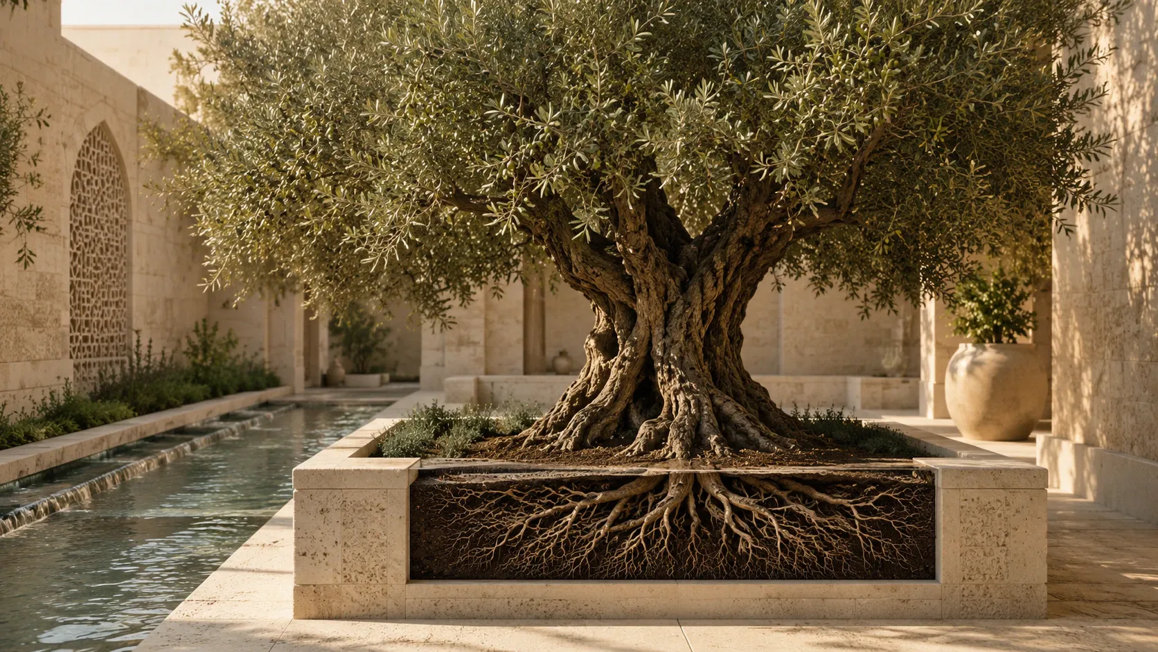 A mature olive tree with its extensive roots visible beneath the soil inside a carefully built limestone courtyard.