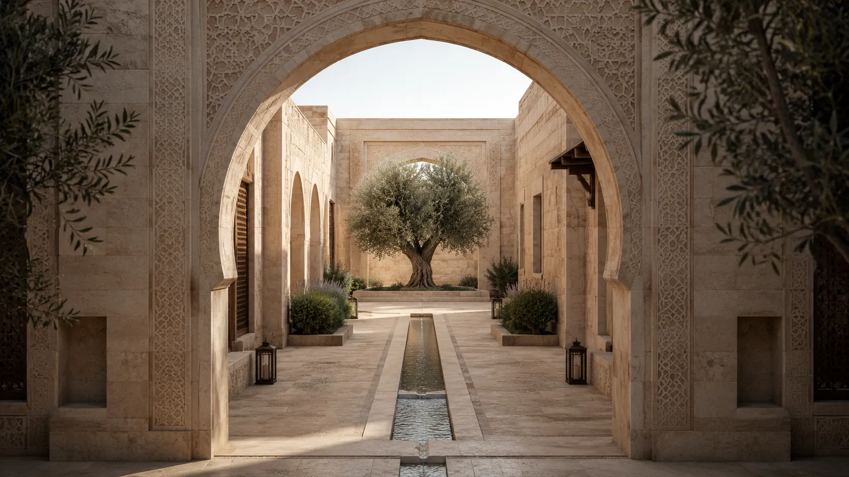 A carefully aligned Palestinian limestone courtyard where an arched passage, water channel, geometric stonework, and olive tree form one clear path.