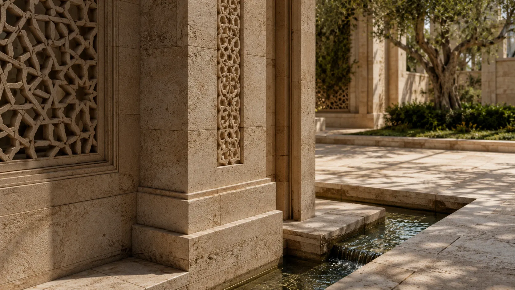 Precisely joined Palestinian limestone, carved geometric detailing, a controlled water junction, and an olive courtyard beyond.